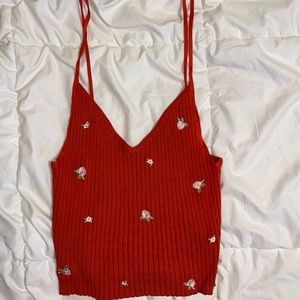Kendall and Kylie Red Knit Tank Top with Flowers Size S